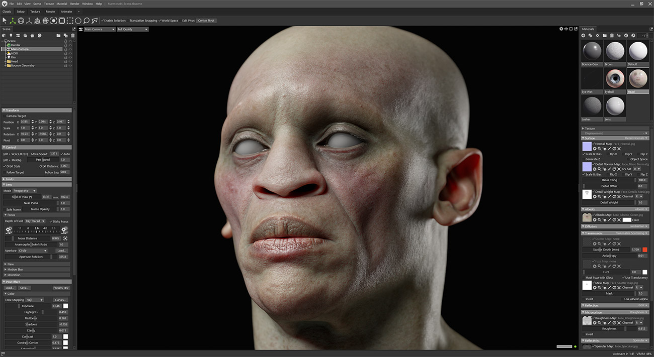 Marmoset Toolbag Render Scene with skin shader and lighting